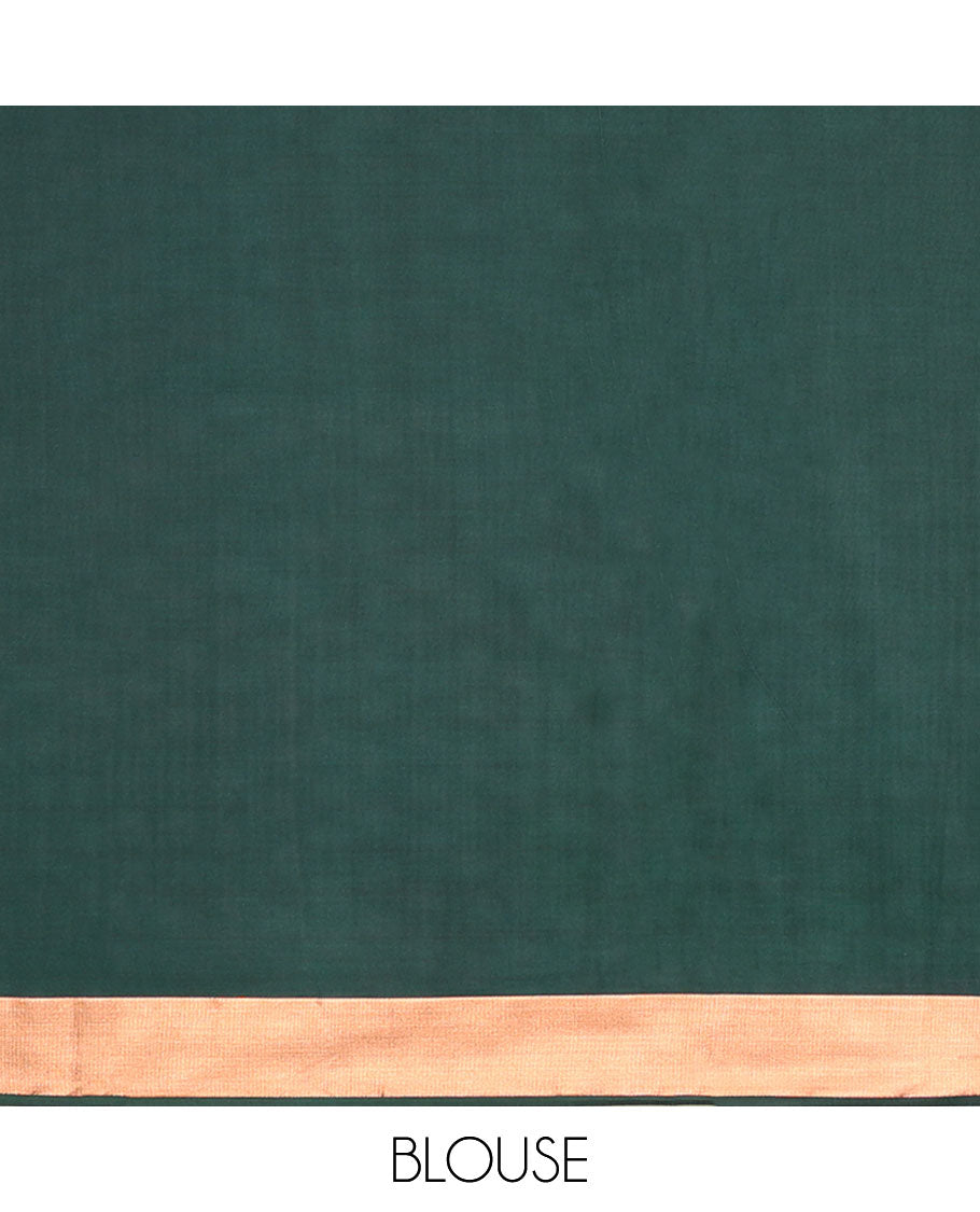 Green semi-soft silk saree with zari designs, contrast zari border & pallu steeped with intricate designs