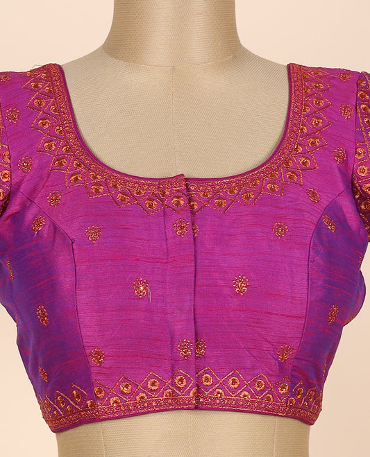 Pink intricate thread embroidereḍ front & back deep round-neck raw-silk readymade sleeveless blouse