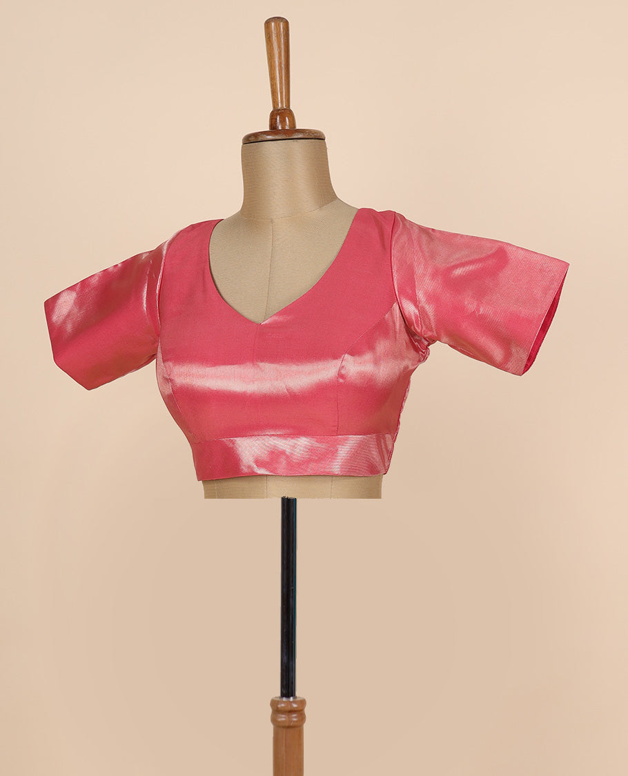 Pink plain design front leaf neck & back deep leaf-neck tissue readymade half-sleeve blouse