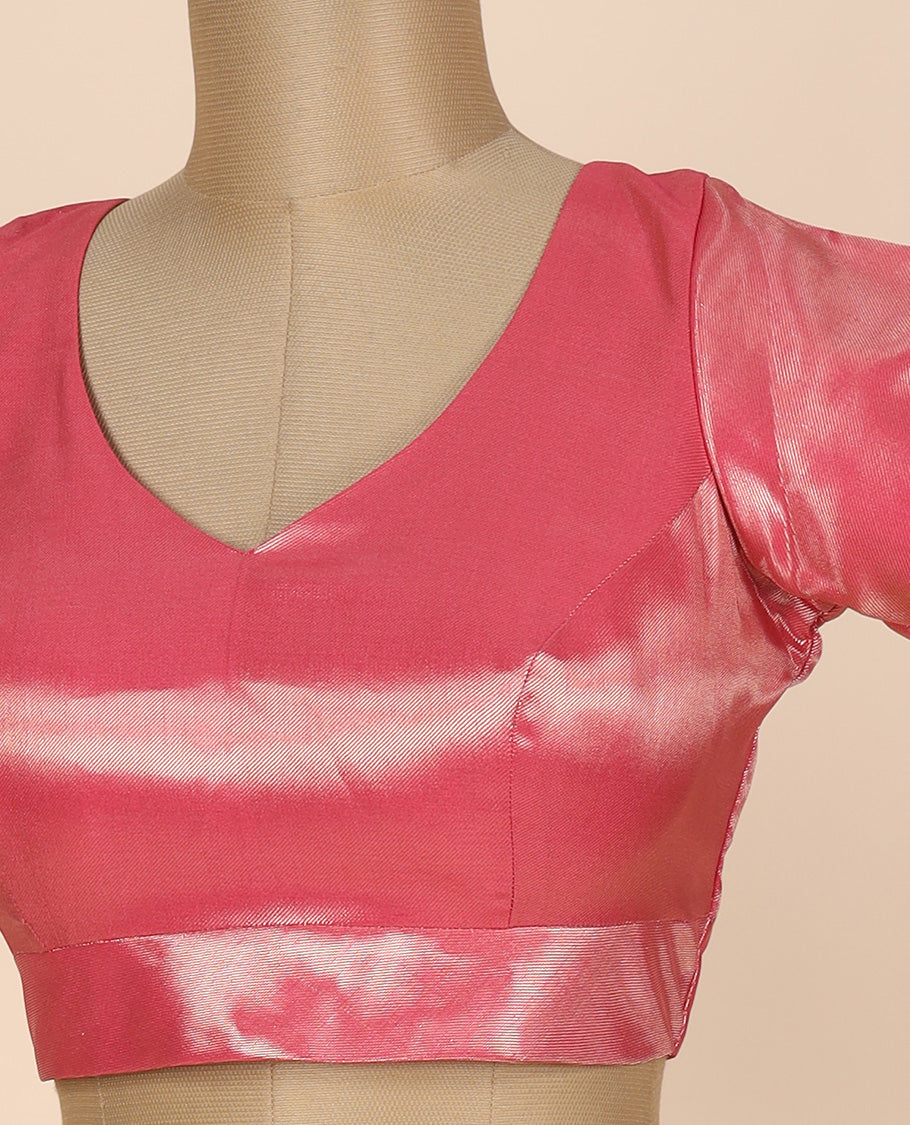 Pink plain design front leaf neck & back deep leaf-neck tissue readymade half-sleeve blouse