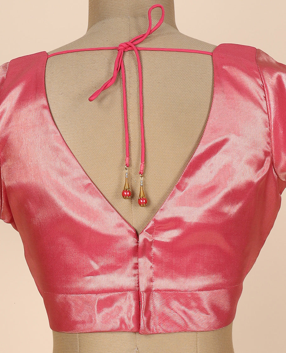 Pink plain design front leaf neck & back deep leaf-neck tissue readymade half-sleeve blouse