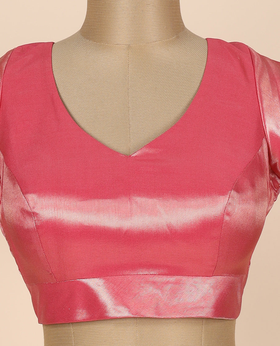 Pink plain design front leaf neck & back deep leaf-neck tissue readymade half-sleeve blouse