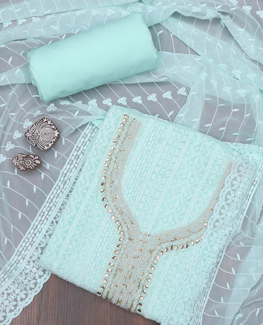 Blue material chudidhar set, embroidered georgette top, plain cotton bottom & embroidered scallop dupatta