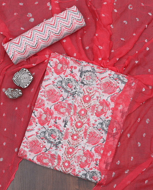 Multi-color material chudidhar,floral print & embroidery cotton top,chevron print cotton bottom & shibori print dupatta