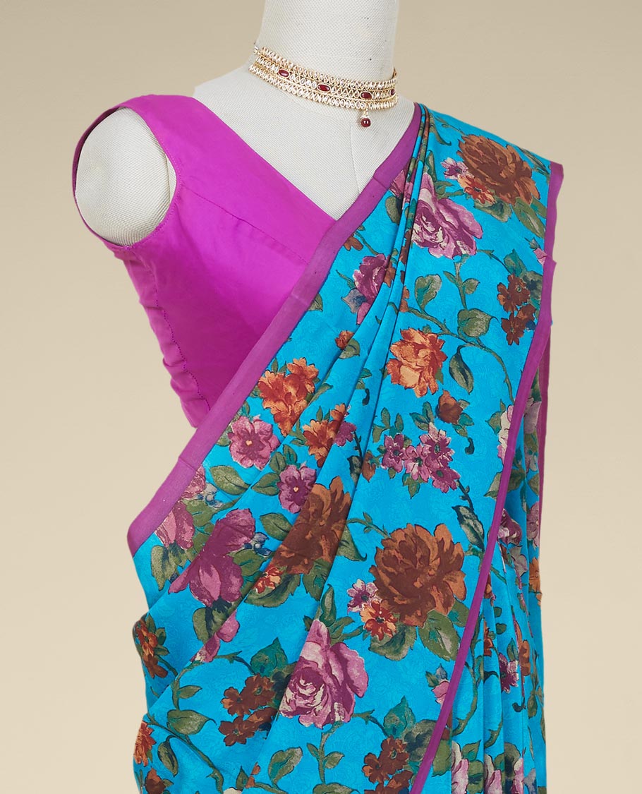 Borderless blue floral vine motifs digital printed pure crepe saree