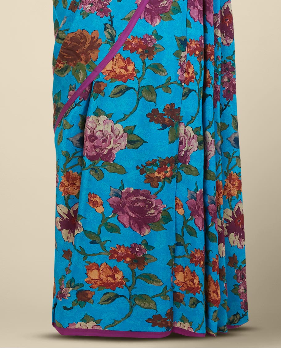 Borderless blue floral vine motifs digital printed pure crepe saree