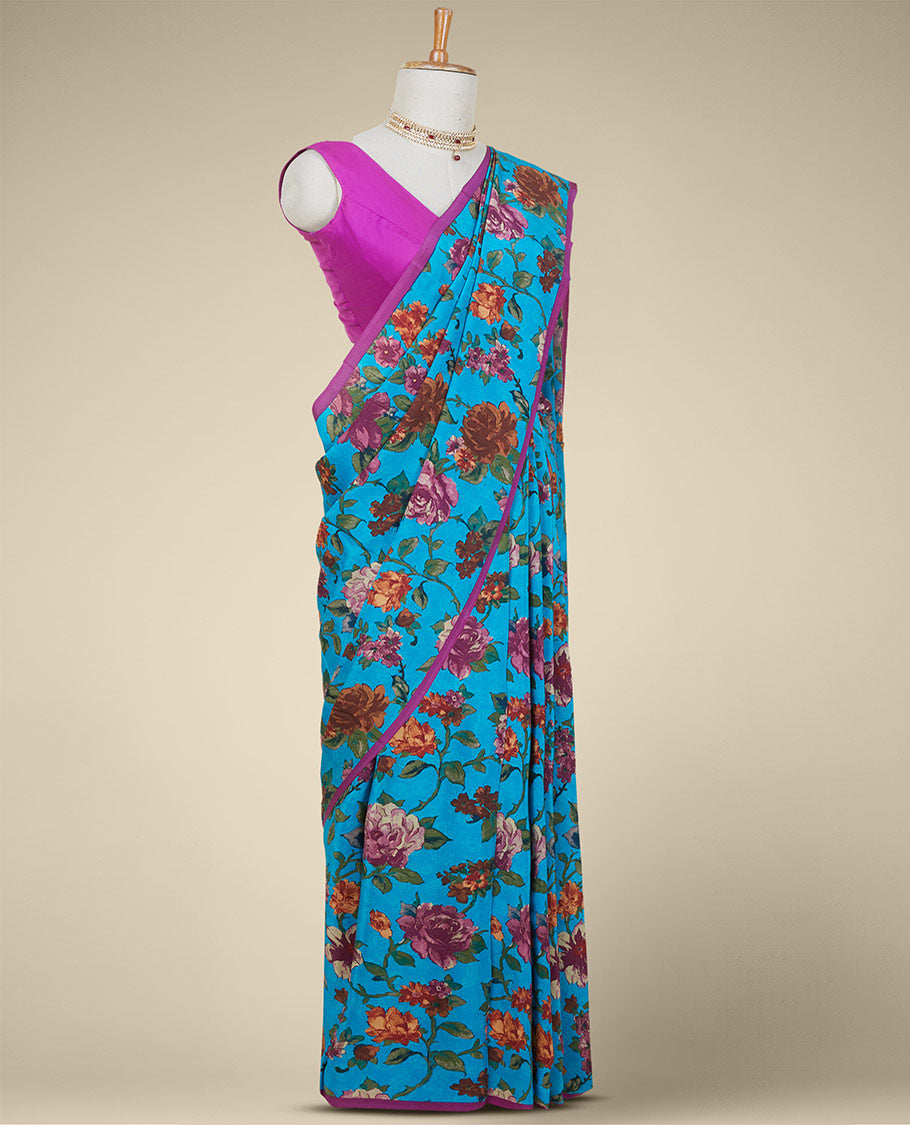 Borderless blue floral vine motifs digital printed pure crepe saree