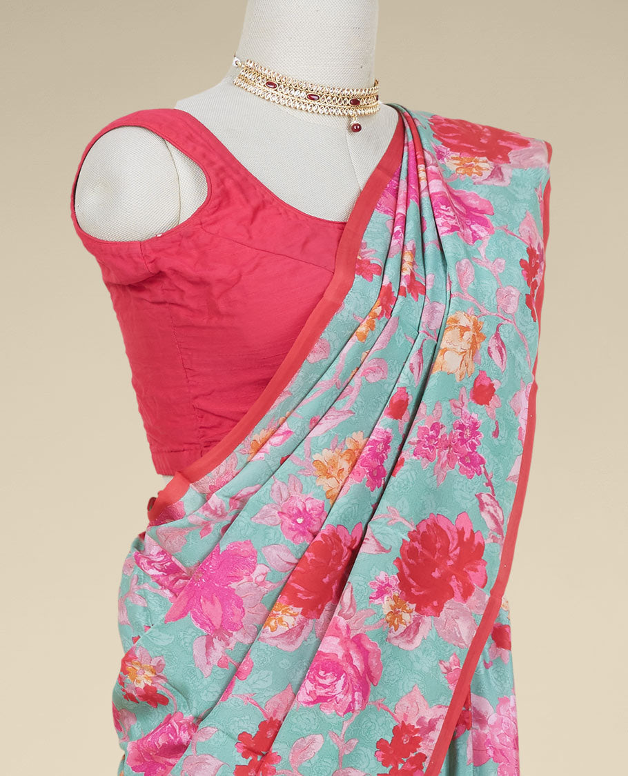 Borderless green-shaded digital printed pure crepe saree features floral vine designs