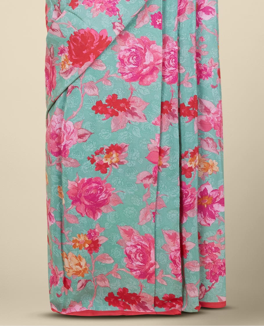 Borderless green-shaded digital printed pure crepe saree features floral vine designs