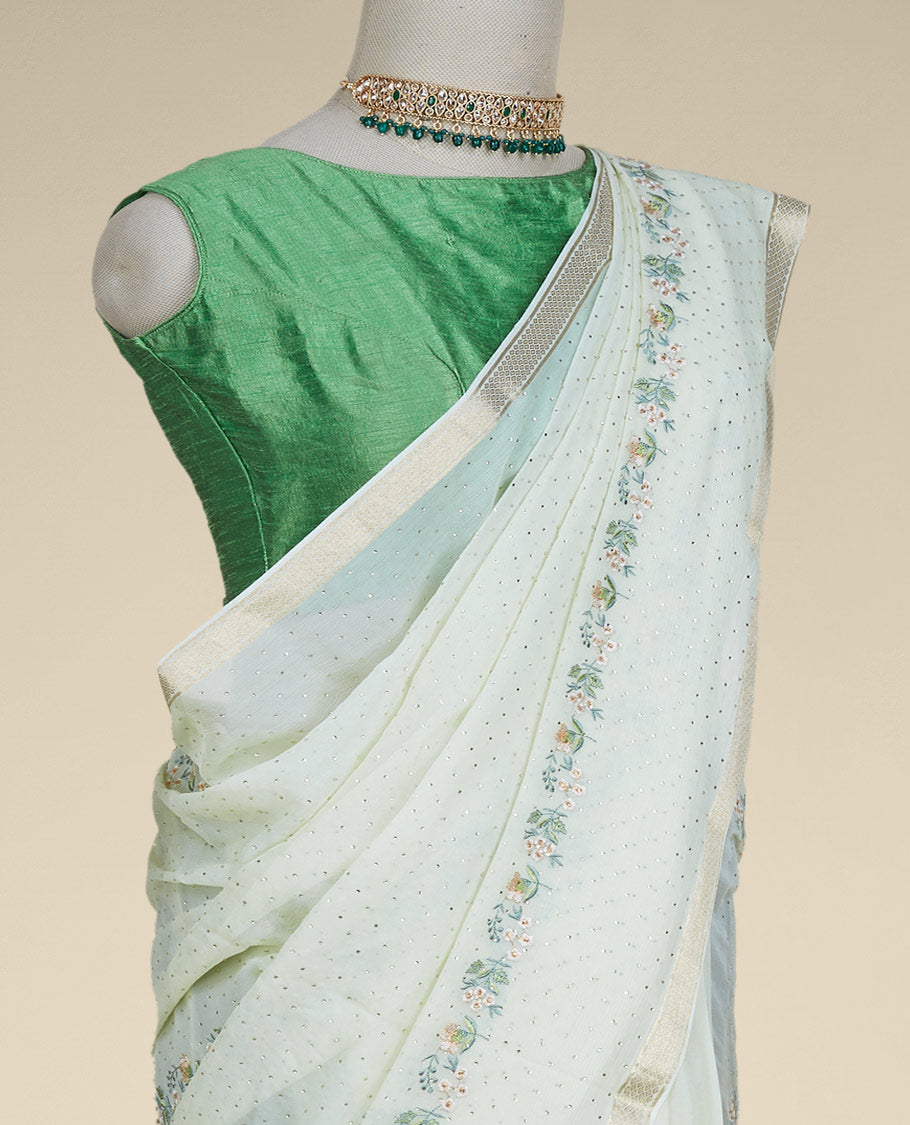 Green embroidered pure chiffon saree with floral designs & micro-stonework all over the saree, zari border