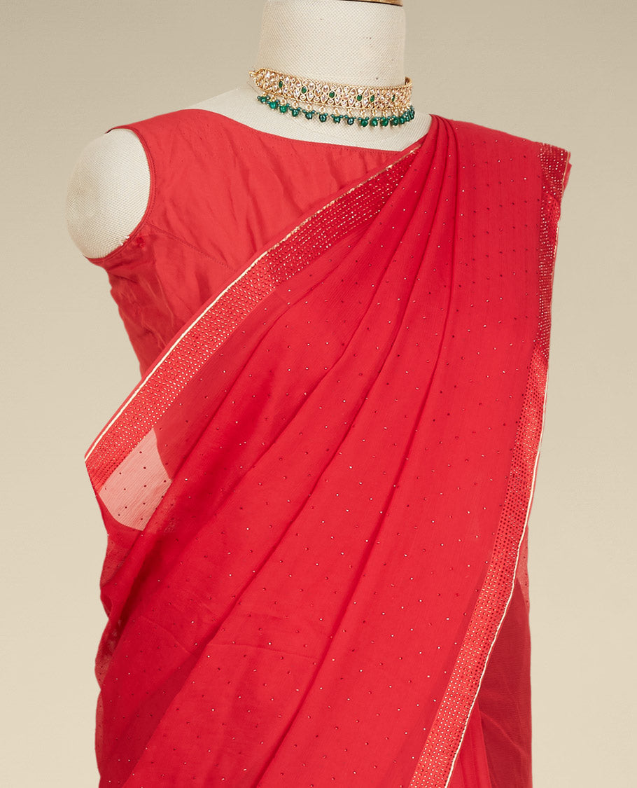 Red pure chiffon saree with all-over micro stone embroidery, self-border of micro stone work