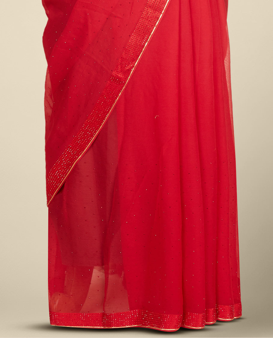 Red pure chiffon saree with all-over micro stone embroidery, self-border of micro stone work
