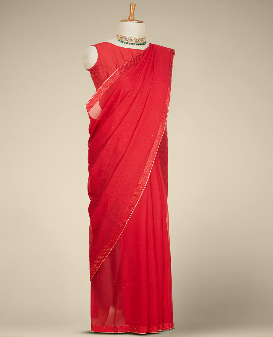 Red pure chiffon saree with all-over micro stone embroidery, self-border of micro stone work