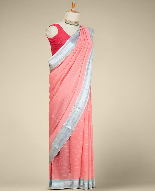 Pink striped pure chiffon saree with all-over micro stone embroidery, contrast border of micro stonework