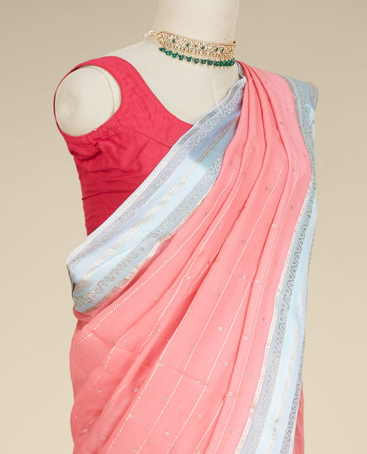 Pink striped pure chiffon saree with all-over micro stone embroidery, contrast border of micro stonework