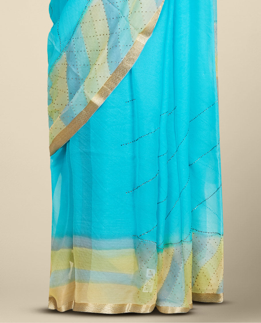 Blue leheriya-style printed pure chiffon saree with micro-stonework all over the saree, chevron design border