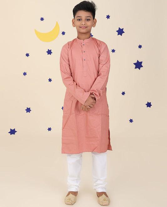 Onion pink raw silk kurta set, chevron design embossed full-sleeve kurta & contrast pants