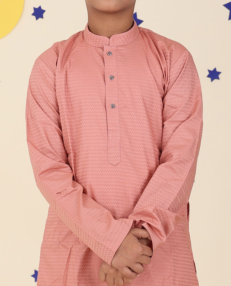 Onion pink raw silk kurta set, chevron design embossed full-sleeve kurta & contrast pants