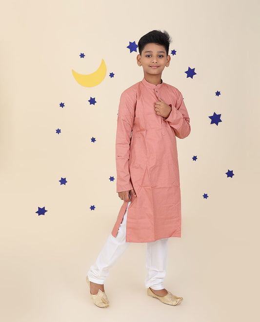 Onion pink raw silk kurta set, chevron design embossed full-sleeve kurta & contrast pants