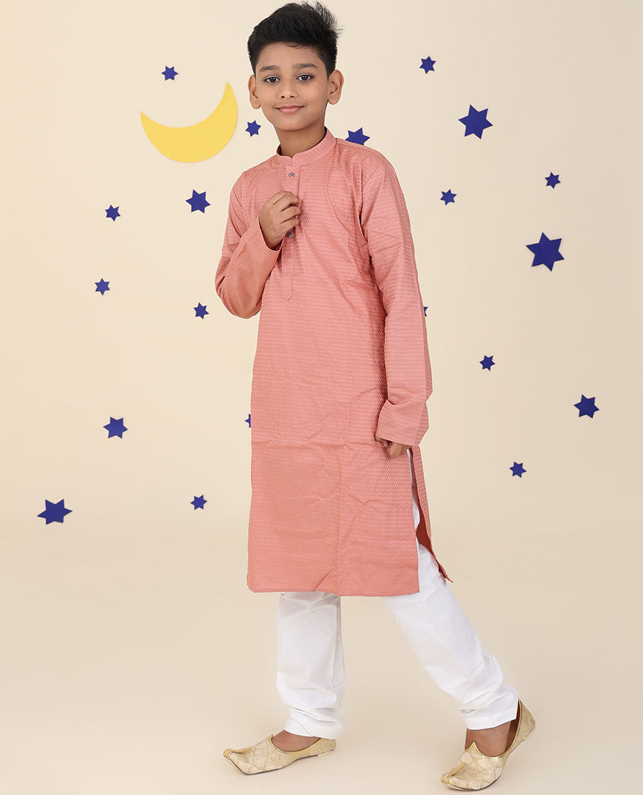 Onion pink raw silk kurta set, chevron design embossed full-sleeve kurta & contrast pants