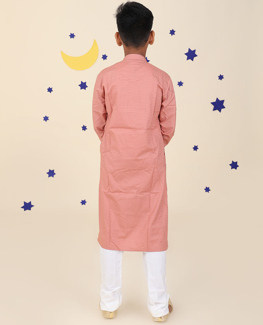 Onion pink raw silk kurta set, chevron design embossed full-sleeve kurta & contrast pants