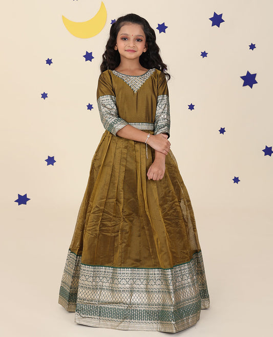 Green traditional motifs & mirror embroidered 3/4th sleeve full maxi-type readymade churidar set