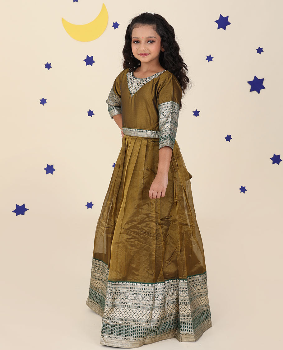 Green traditional motifs & mirror embroidered 3/4th sleeve full maxi-type readymade churidar set