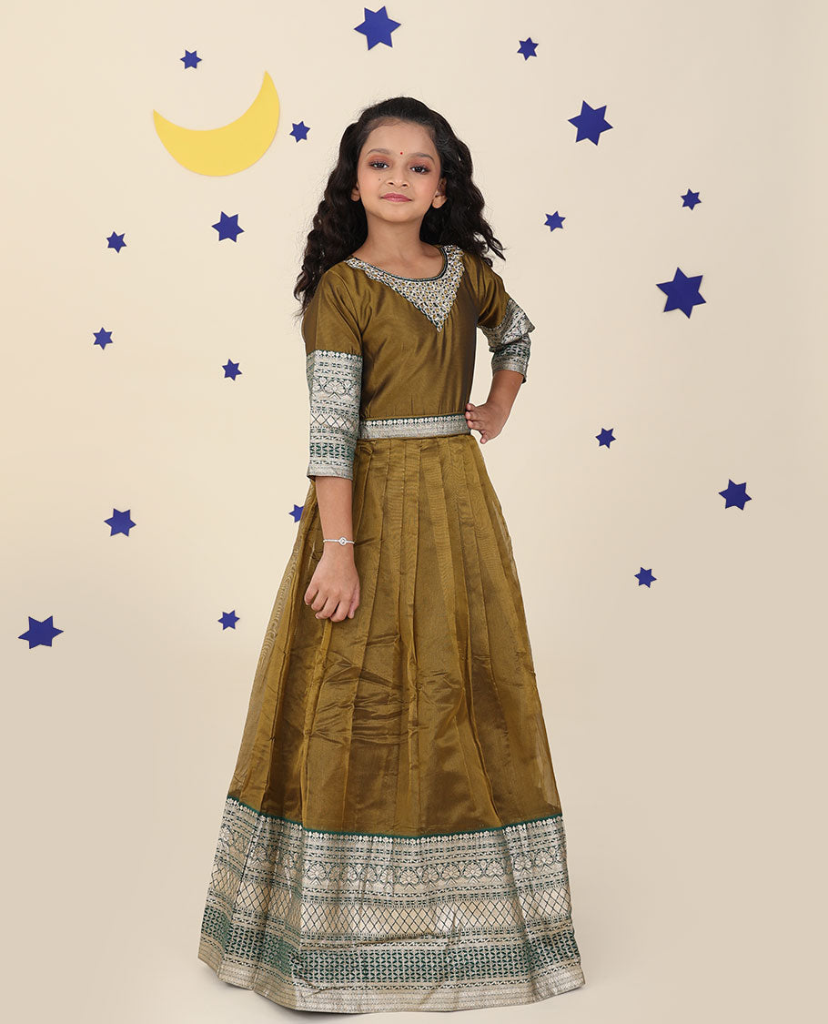 Green traditional motifs & mirror embroidered 3/4th sleeve full maxi-type readymade churidar set