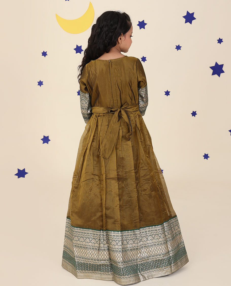 Green traditional motifs & mirror embroidered 3/4th sleeve full maxi-type readymade churidar set
