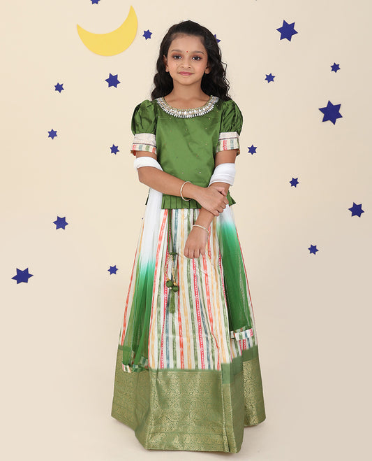 Multi-color cholly set, stripes printed & traditional border skirt,contrast embroidery puff-sleeve blouse & net dupatta