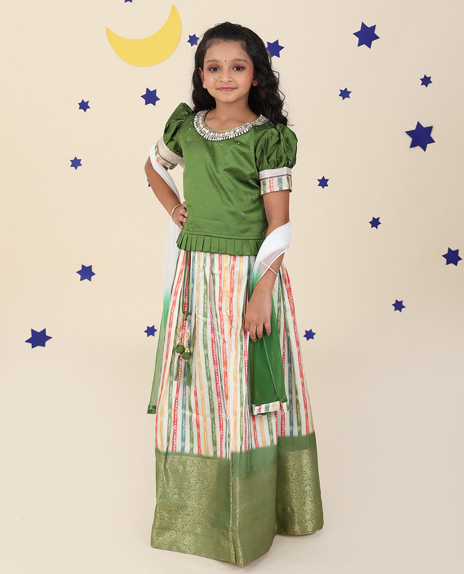 Multi-color cholly set, stripes printed & traditional border skirt,contrast embroidery puff-sleeve blouse & net dupatta