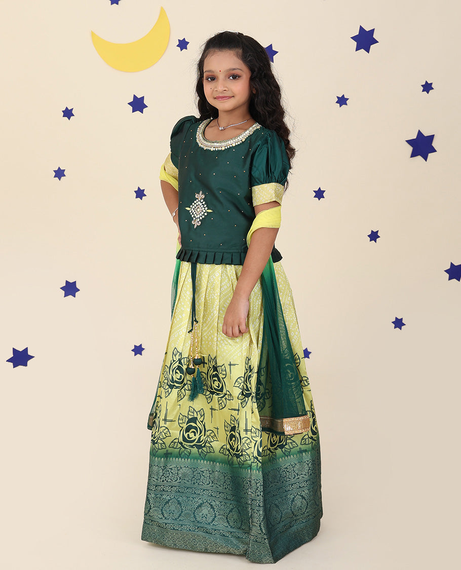 Yellow cholly set features floral & bandhani printed skirt, contrast embroidered puff-sleeve blouse & net dupatta