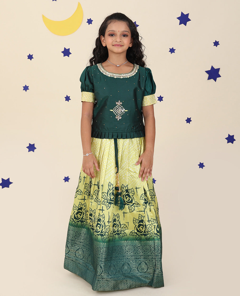 Yellow cholly set features floral & bandhani printed skirt, contrast embroidered puff-sleeve blouse & net dupatta