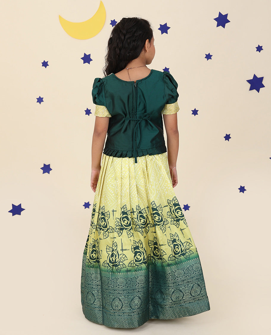 Yellow cholly set features floral & bandhani printed skirt, contrast embroidered puff-sleeve blouse & net dupatta