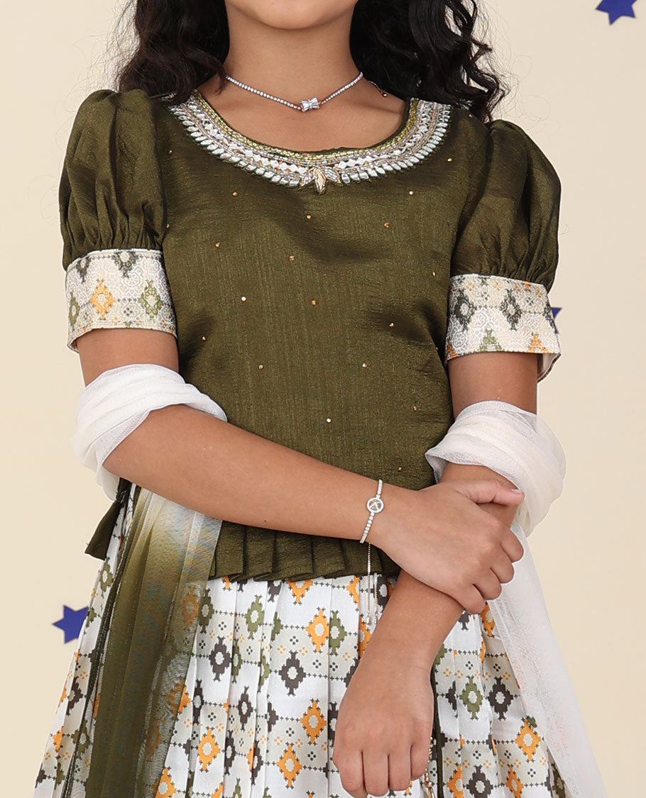 Multi-color cholly set features intricately designed skirt, contrast embroidered puff-sleeve blouse & net dupatta