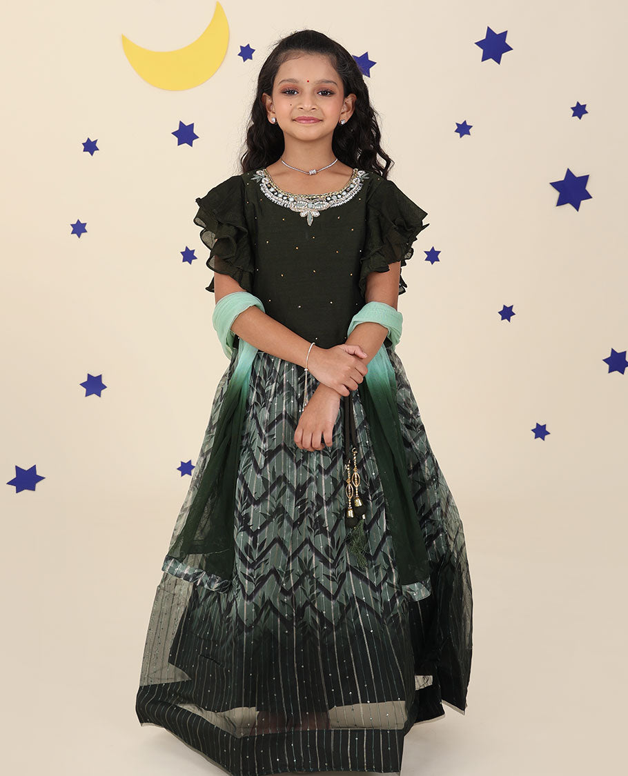Green cholly set features intricately printed skirt, embroidered butterfly sleeve blouse & net dupatta	