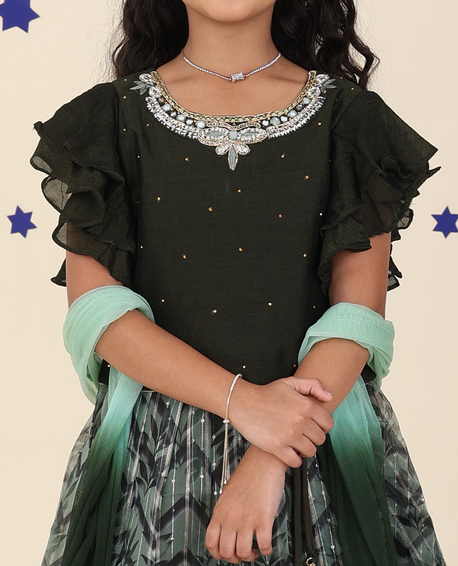 Green cholly set features intricately printed skirt, embroidered butterfly sleeve blouse & net dupatta	