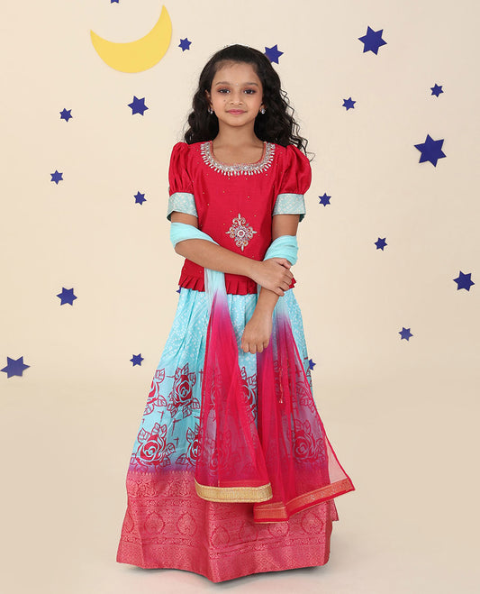 Blue cholly set features floral & bandhani printed skirt, contrast embroidered puff-sleeve blouse & net dupatta