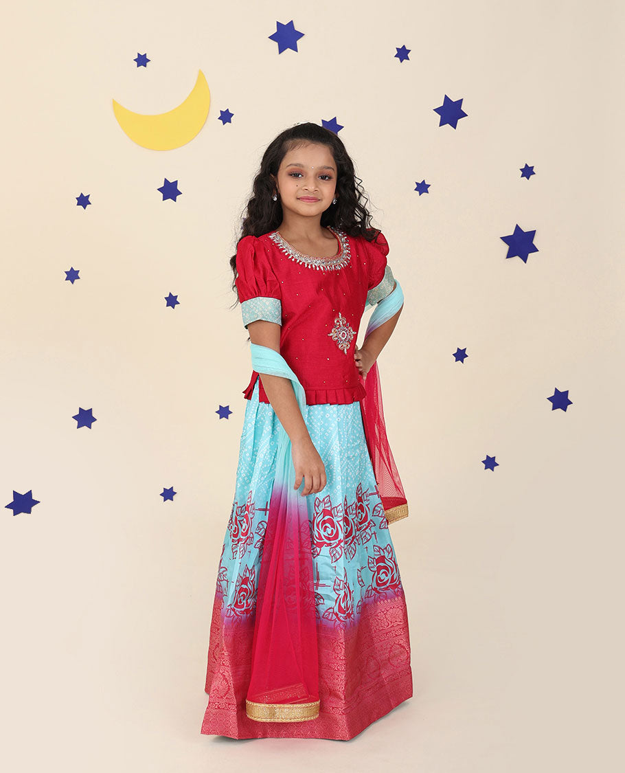 Blue cholly set features floral & bandhani printed skirt, contrast embroidered puff-sleeve blouse & net dupatta