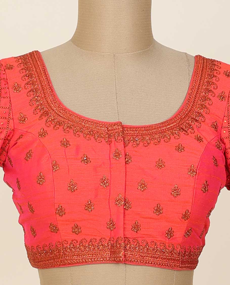 Pink intricately thread embroidered half-sleeve front & back round-neck raw-silk readymade blouse