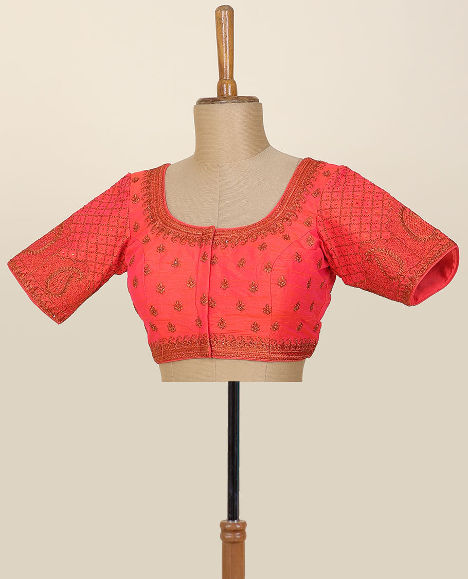 Pink intricately thread embroidered half-sleeve front & back round-neck raw-silk readymade blouse