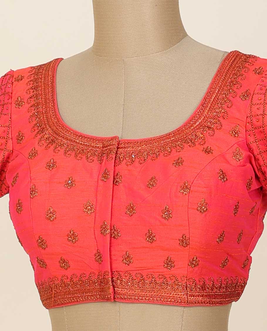 Pink intricately thread embroidered half-sleeve front & back round-neck raw-silk readymade blouse