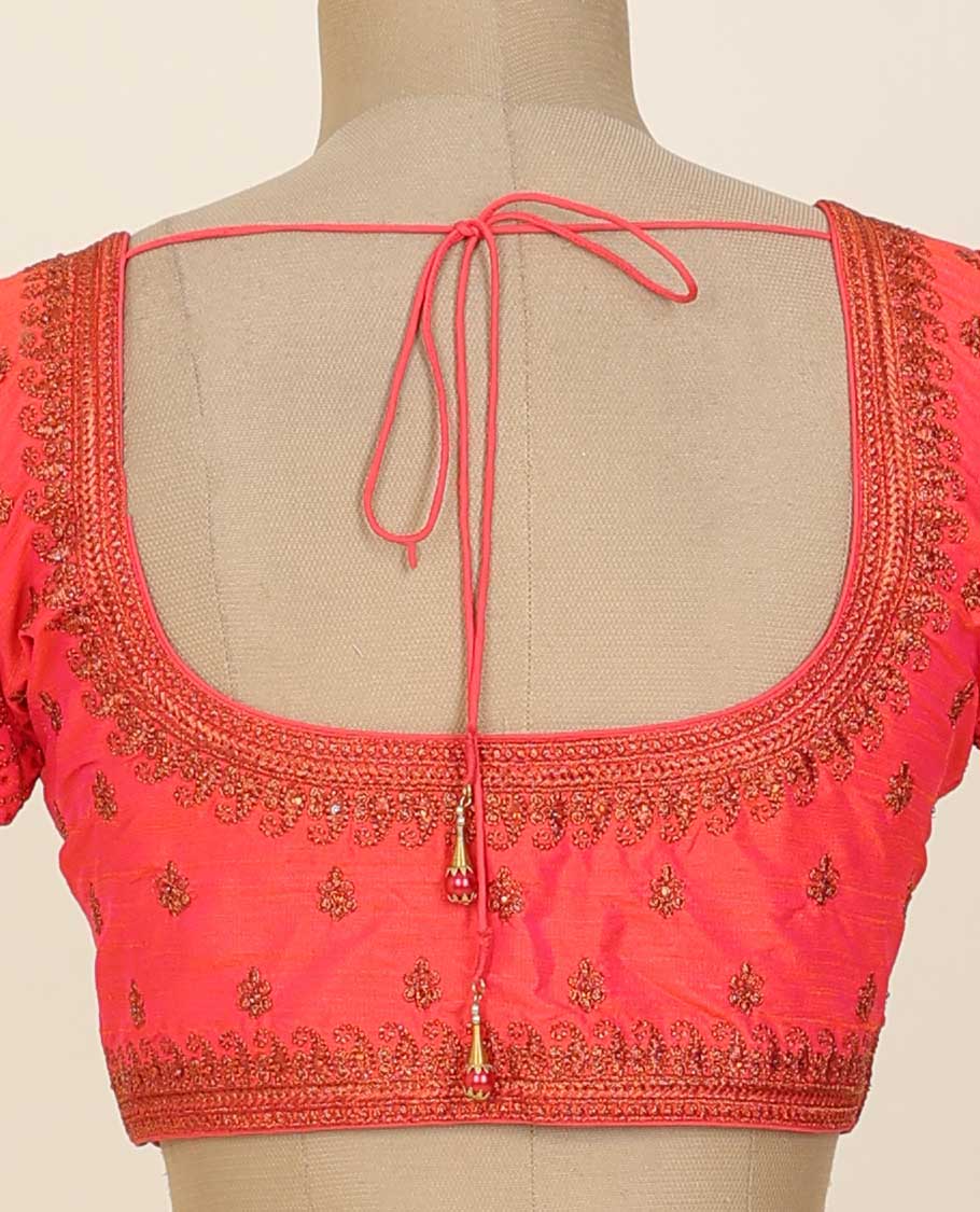Pink intricately thread embroidered half-sleeve front & back round-neck raw-silk readymade blouse