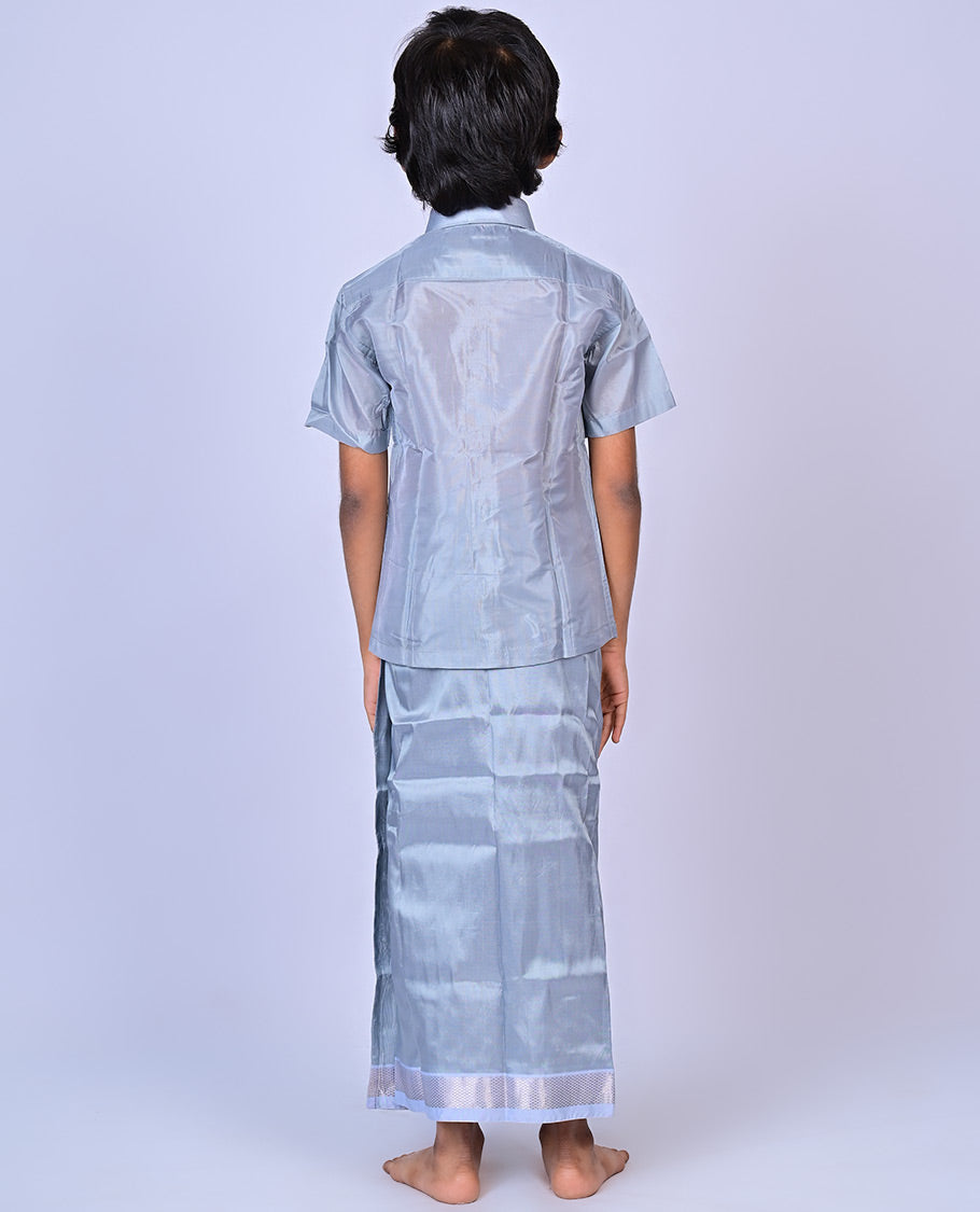Grey art-silk boys dhoti set features a solid half-sleeve shirt & zari border velcro dhoti 
