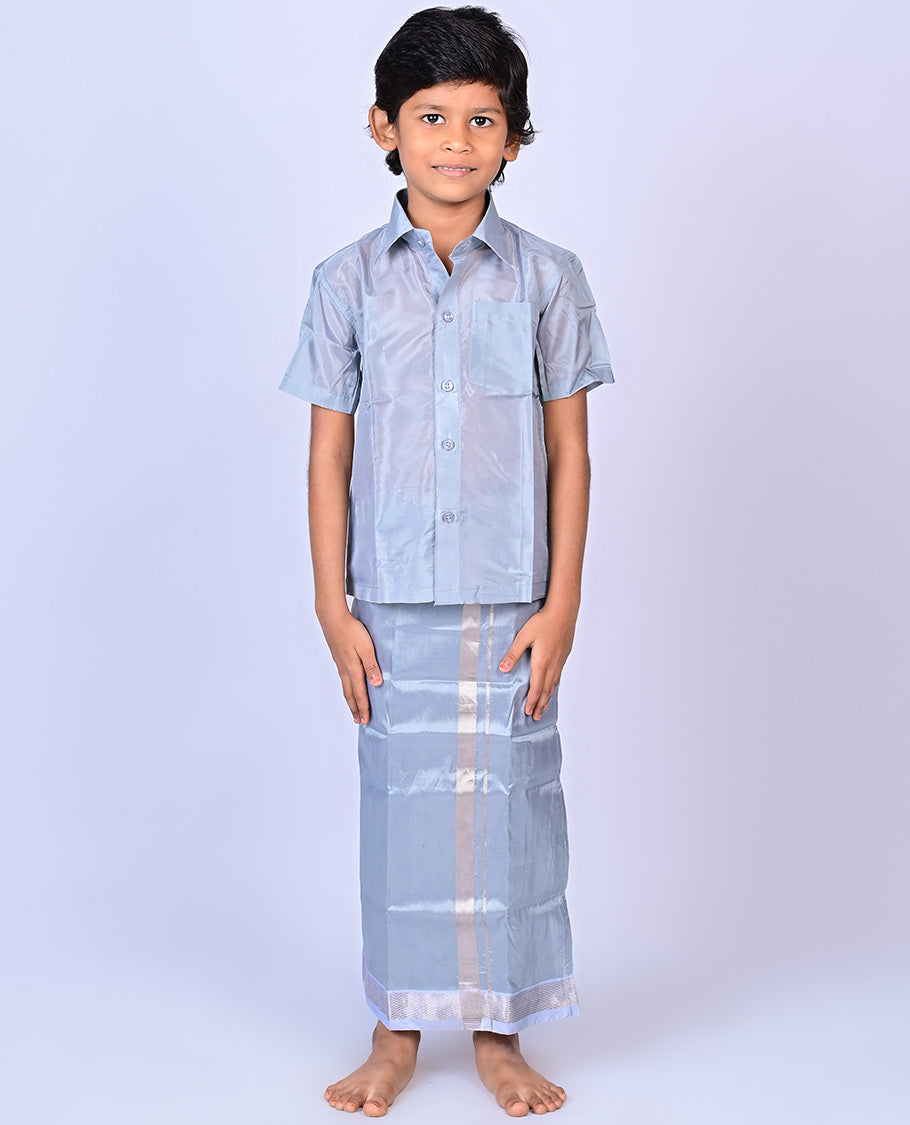 Grey art-silk boys dhoti set features a solid half-sleeve shirt & zari border velcro dhoti 