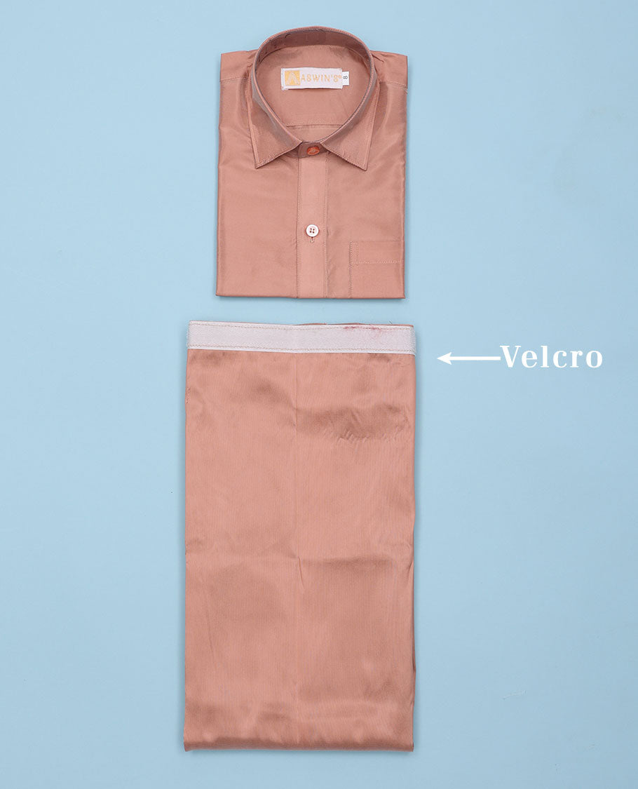 Copper art-silk boys dhoti set features a solid half-sleeve shirt & zari border velcro dhoti 