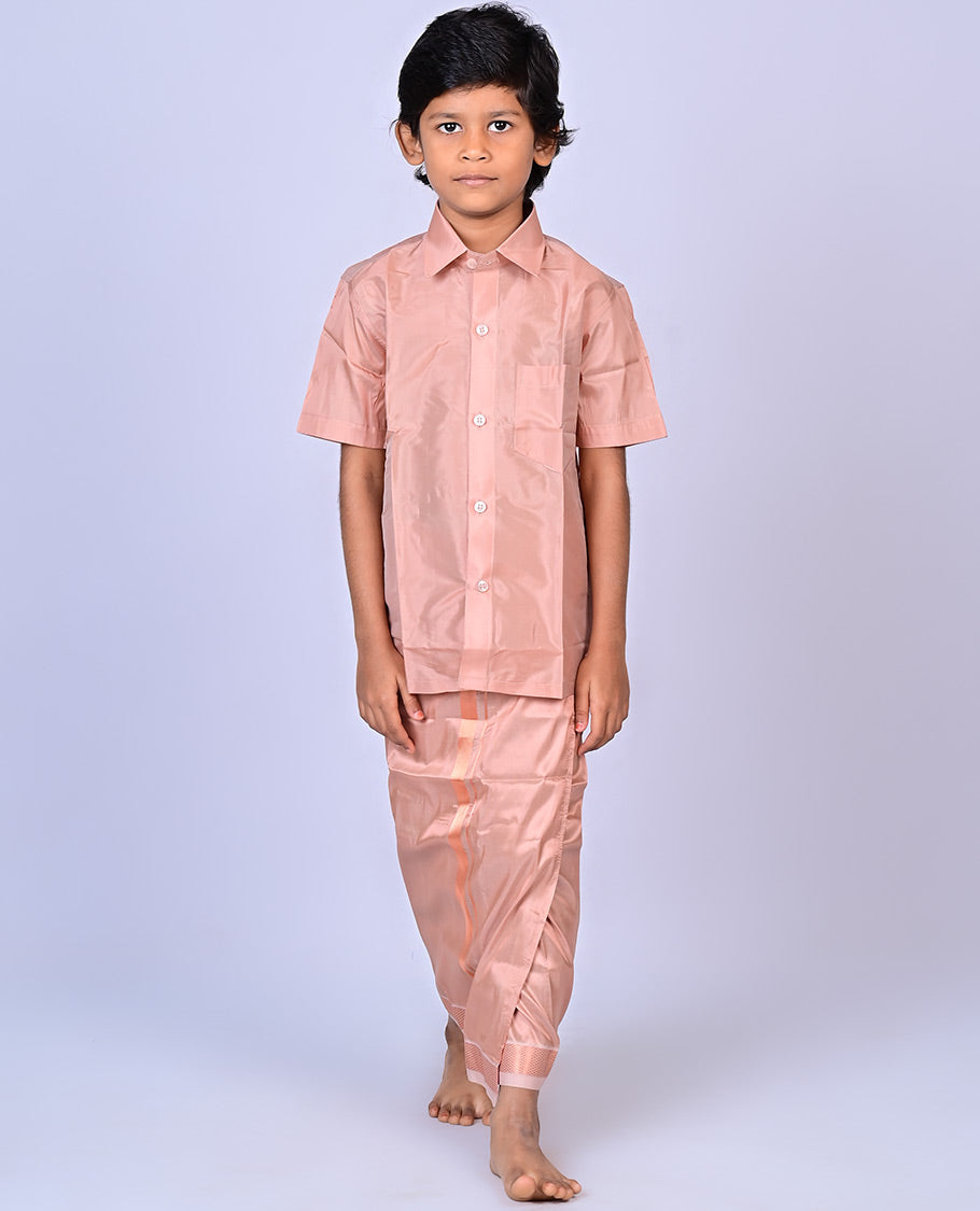 Copper art-silk boys dhoti set features a solid half-sleeve shirt & zari border velcro dhoti 