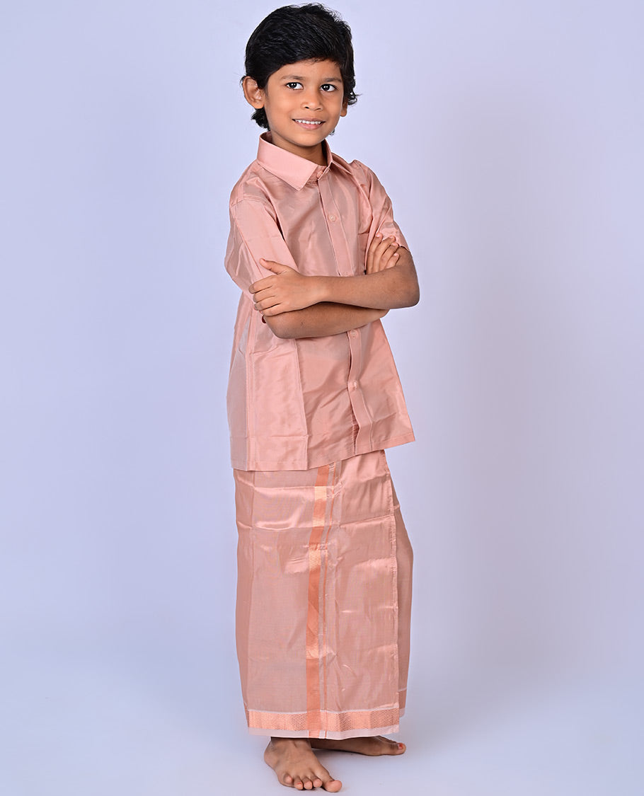 Copper art-silk boys dhoti set features a solid half-sleeve shirt & zari border velcro dhoti 