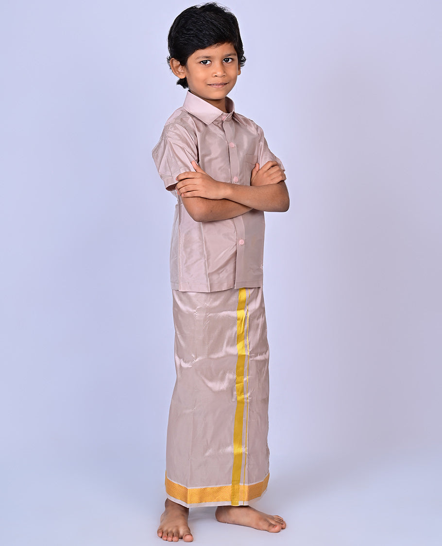 Sanston art-silk boys dhoti set features a solid half-sleeve shirt & zari border velcro dhoti 
