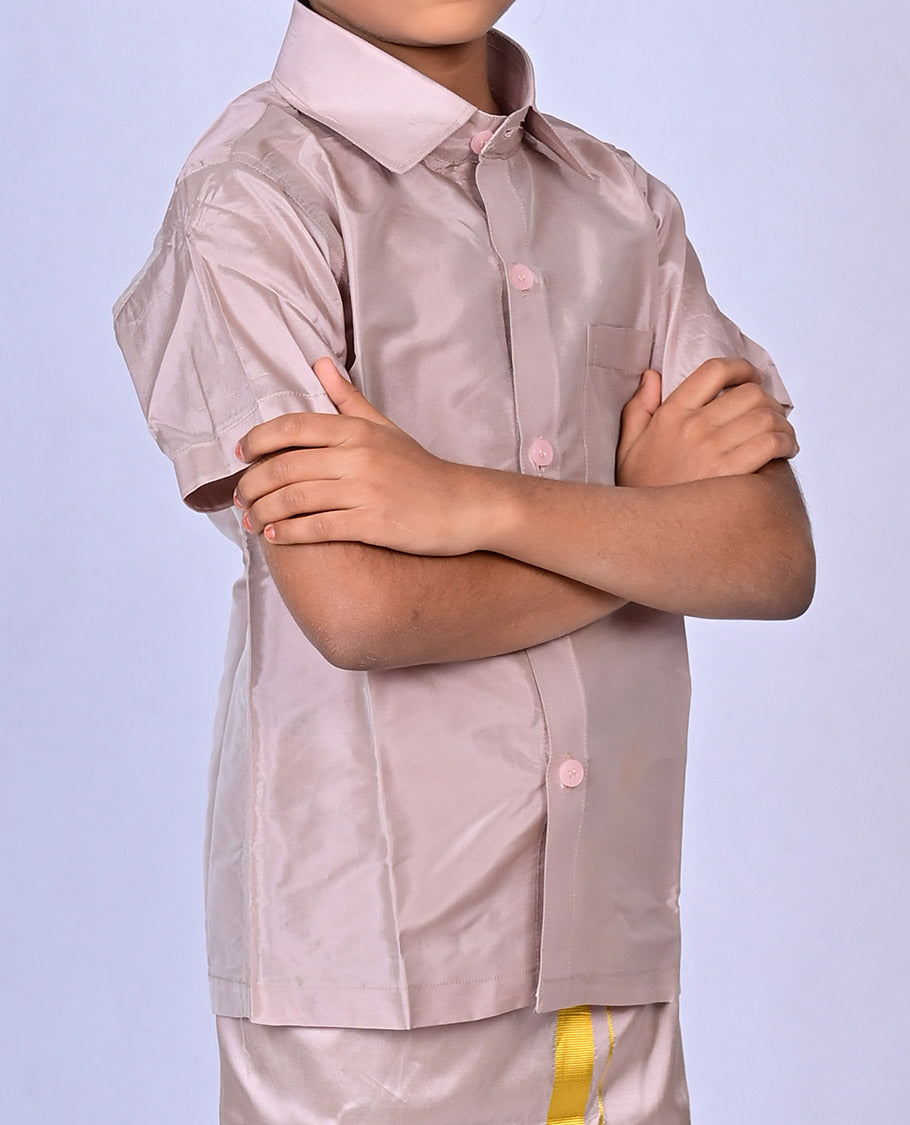 Sanston art-silk boys dhoti set features a solid half-sleeve shirt & zari border velcro dhoti 